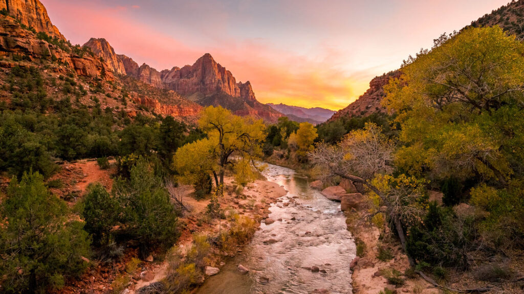 Zion National Park's majestic red rock cliffs and lush greenery create a breathtaking backdrop for an adventurous Utah elopement.