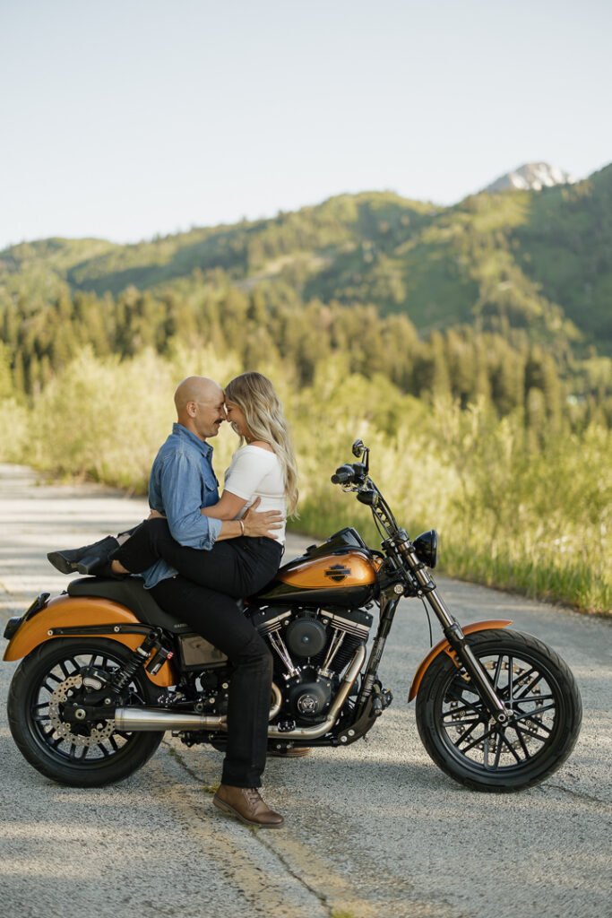 Motorcycle-themed engagement shoot with Poppy & Hive Photography. Engagement session on Old Snowbasin Road near Snowbasin Resort in Utah.