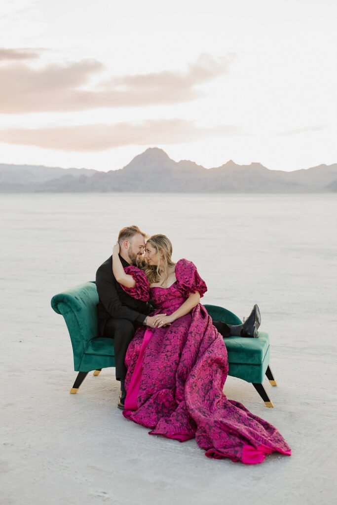 Zach and Victoria's stunning engagement session with photographer Poppy & Hive Photography. Location: Bonneville Salt Flats, Utah
