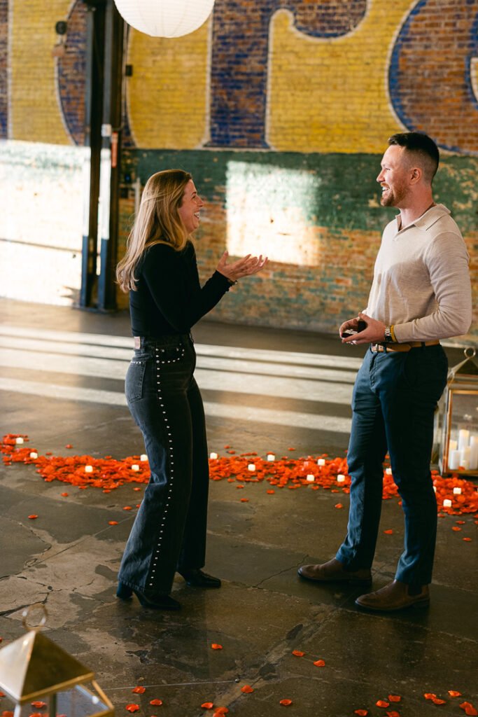 Ogden Utah surprise wedding proposal photographed by Poppy & Hive Photography. Surprise proposal at the Copper Nickel in Ogden.