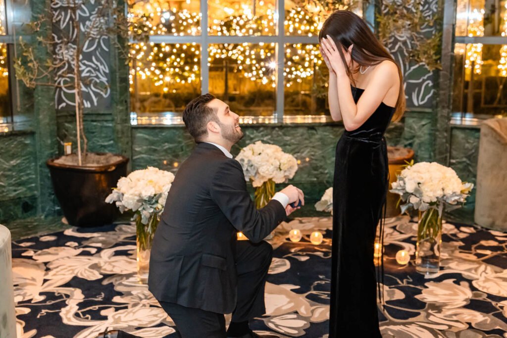 Michael and Brooke celebrate their engagement with a magical winter surprise wedding proposal at the Grand America Hotel in Salt Lake City Utah