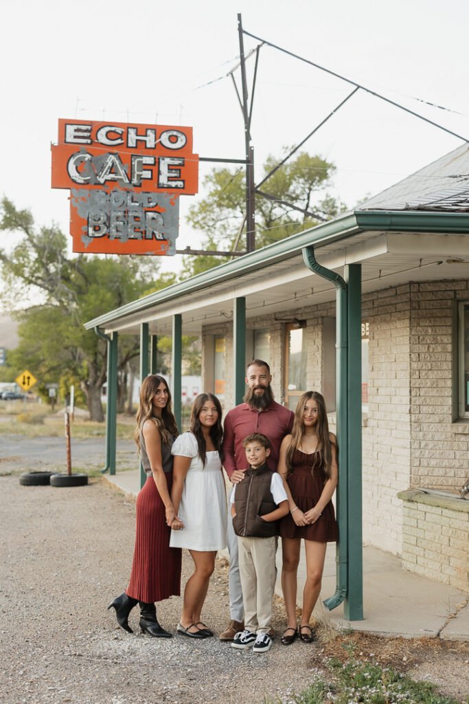 The Eggleston family finds a rustic vintage cafe and some stunning nature areas for their fall family photo session near Echo Utah