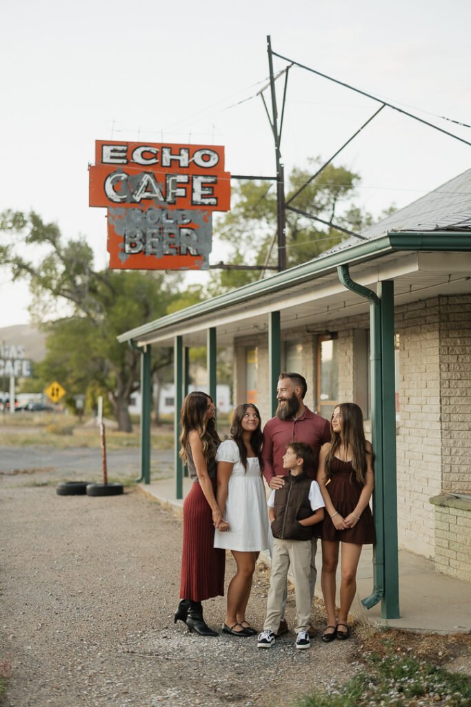 The Eggleston family finds a rustic vintage cafe and some stunning nature areas for their fall family photo session near Echo Utah