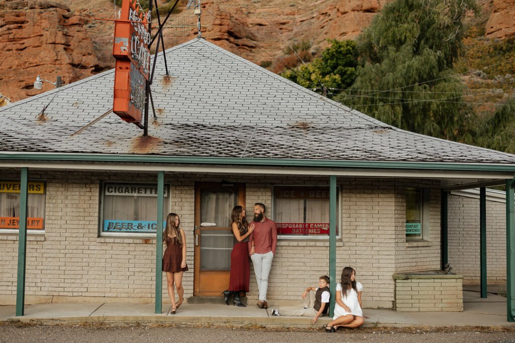 The Eggleston family finds a rustic vintage cafe and some stunning nature areas for their fall family photo session near Echo Utah