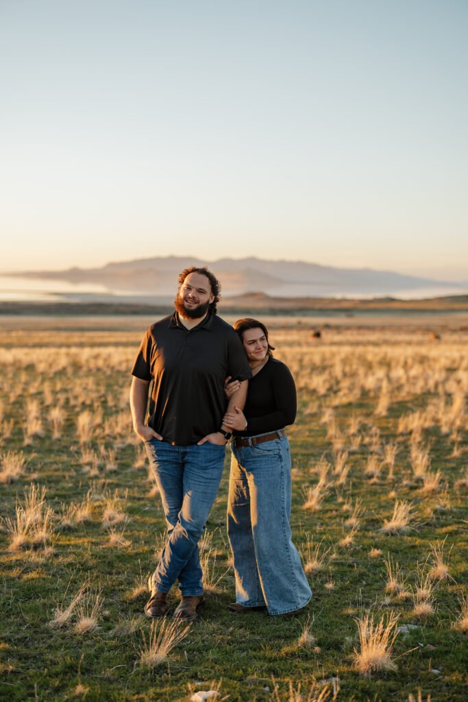 Weston and Lauren explore Antelope Island and the Great Salt Lake for their engagement session with Poppy & Hive Photography