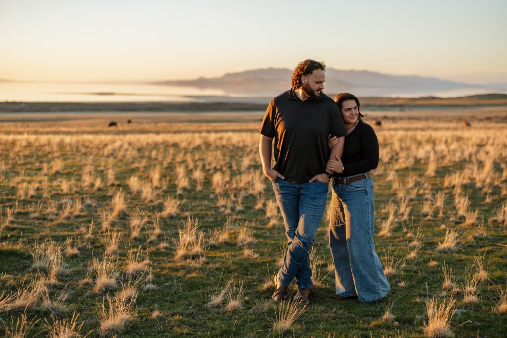Weston and Lauren explore Antelope Island and the Great Salt Lake for their engagement session with Poppy & Hive Photography